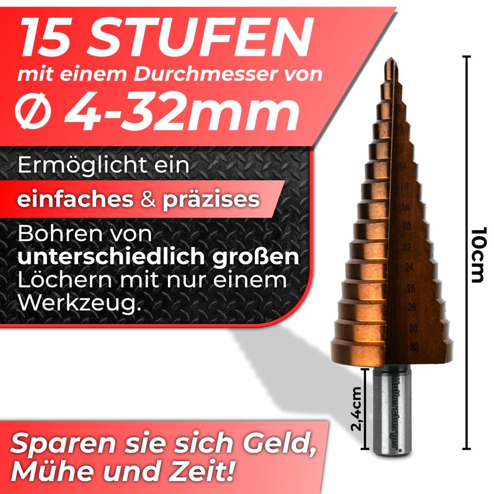 Woltersberger HSS-E Stufenbohrer Ø 4-32 mm 15 Stufen Woltersberger HSS-E Stufenbohrer Ø 4-32 mm 15 Stufen