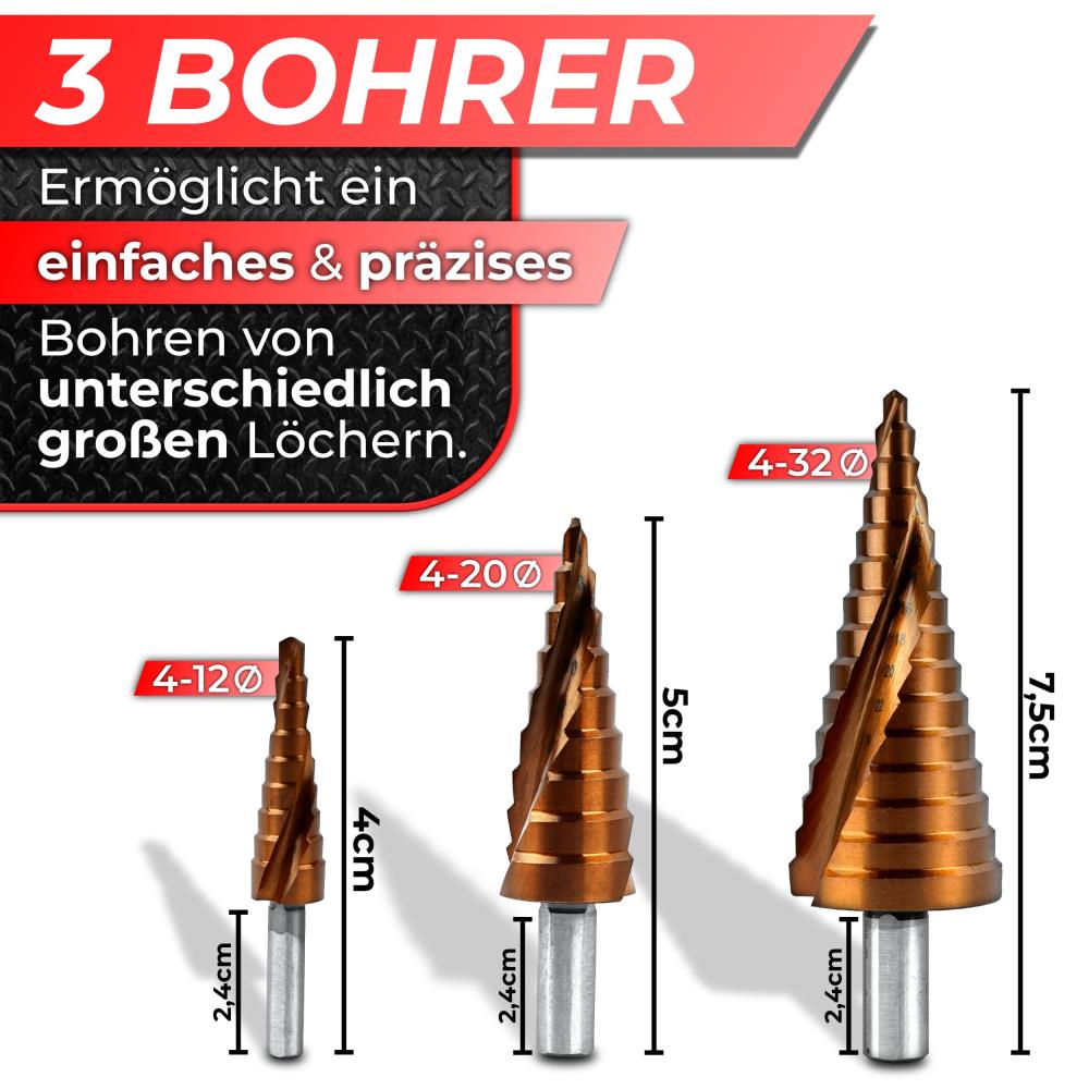Woltersberger HSS-E Stufenbohrer Set 3-teilig in Box Woltersberger HSS-E Stufenbohrer Set 3-teilig in Box
