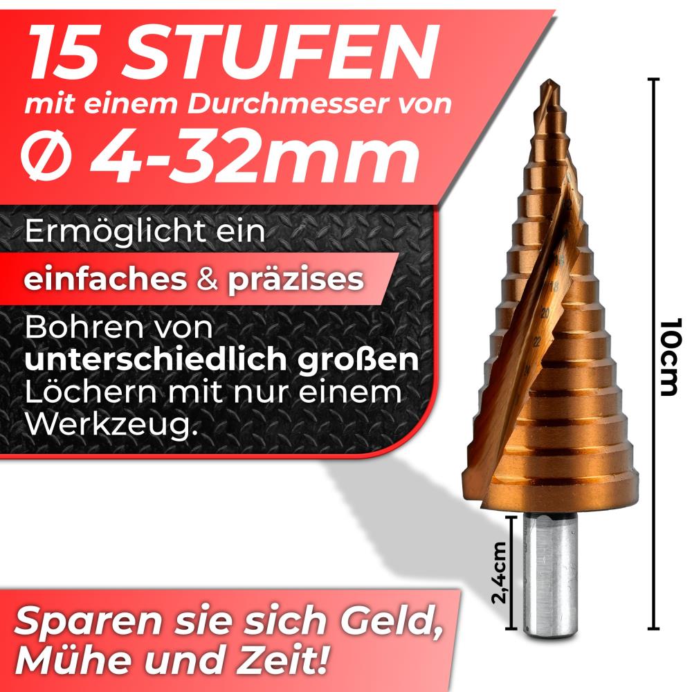 Woltersberger HSS-E Stufenbohrer Spiral Ø 4-32 mm 15 Stufen Woltersberger HSS-E Stufenbohrer Spiral Ø 4-32 mm 15 Stufen