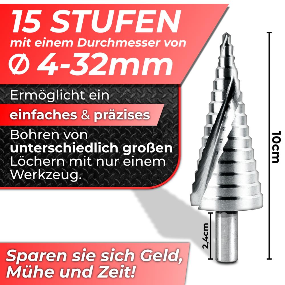 Woltersberger HSS Stufenbohrer Spiral Ø 4-32 mm 15 Stufen Woltersberger HSS Stufenbohrer Spiral Ø 4-32 mm 15 Stufen